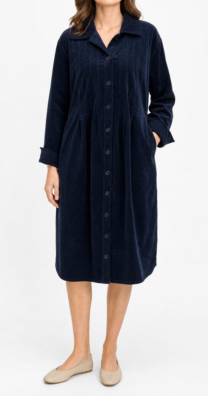 The Vermont Country Store Navy Corduroy Pintuck Shirt Dress L Cotton Stretch
